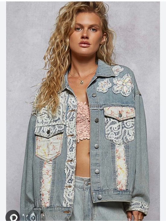 POL Jackets & Blazers - POL Light Blue Denim Jacket with White Lace & Pink Floral Patches